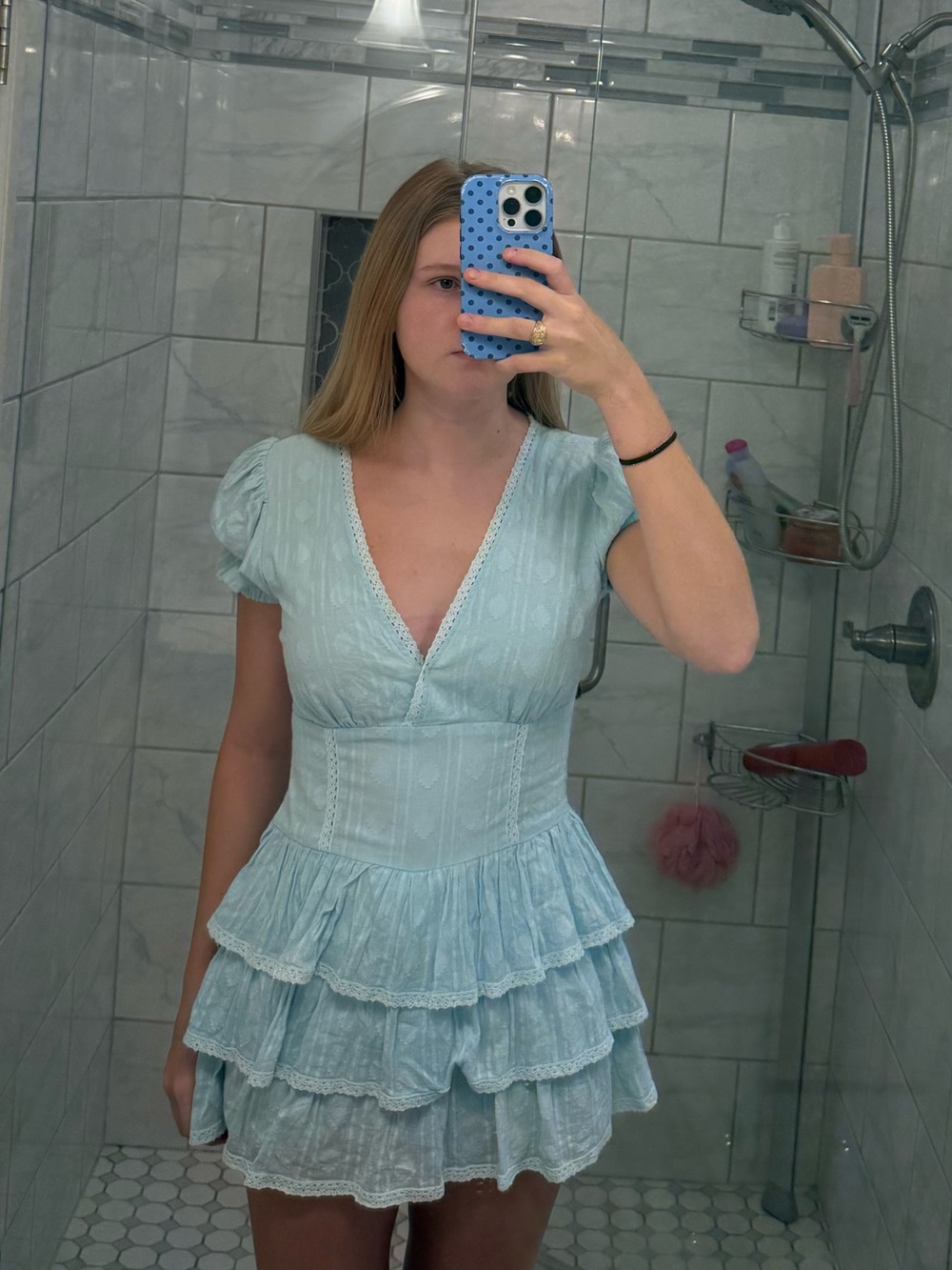 Light Blue Ruffle V-Neck Mini Dress with built in shorts Size Small